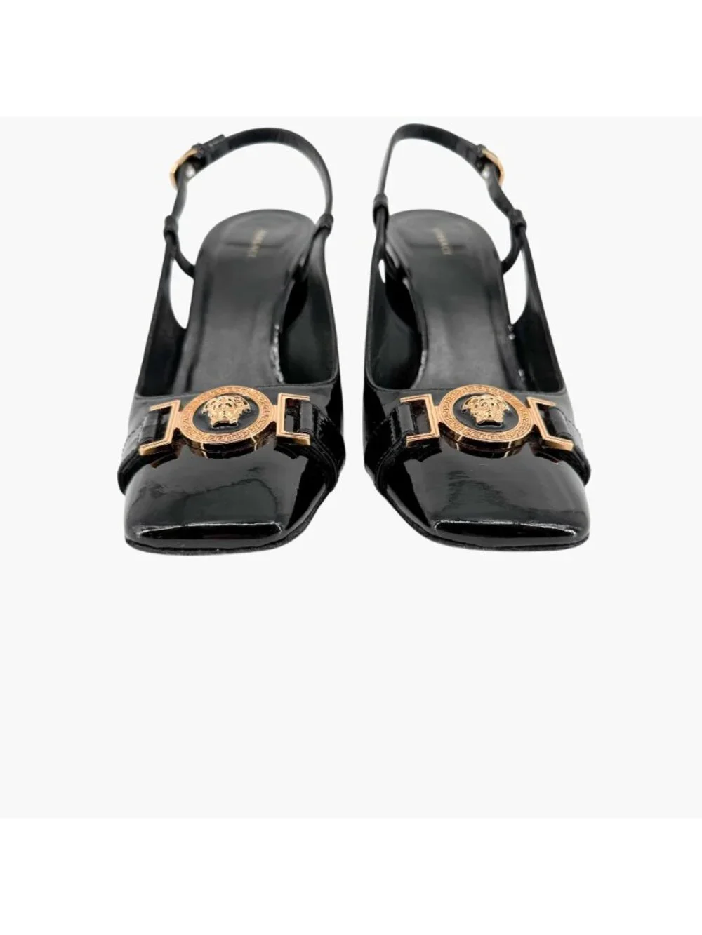 Versace Medusa Slingback Pumps Size 37 US 7 Black Patent Leather Block Heel